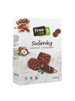 Free Village - Sušenky kakaové s kokosem, bez lepku, 120g Free Village - Sušenky kakaové s kokosem, bez lepku, 120g