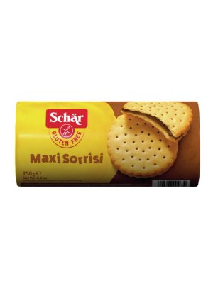 SCHÄR - Maxi Sorrisi - kakaové sušenky plněné mléčným krémem, bez lepku, 250g SCHÄR - Maxi Sorrisi - kakaové sušenky plněné mléčným krémem, bez lepku, 250g